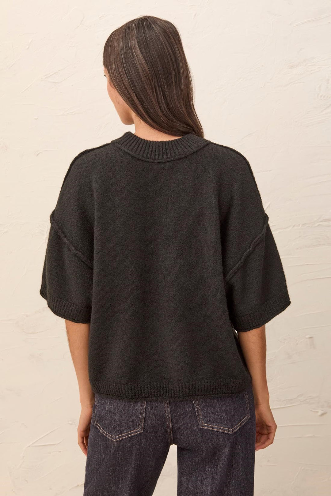 LOFTY ELBOW SLEEVE CREW NECK SWEATER - BLACK
