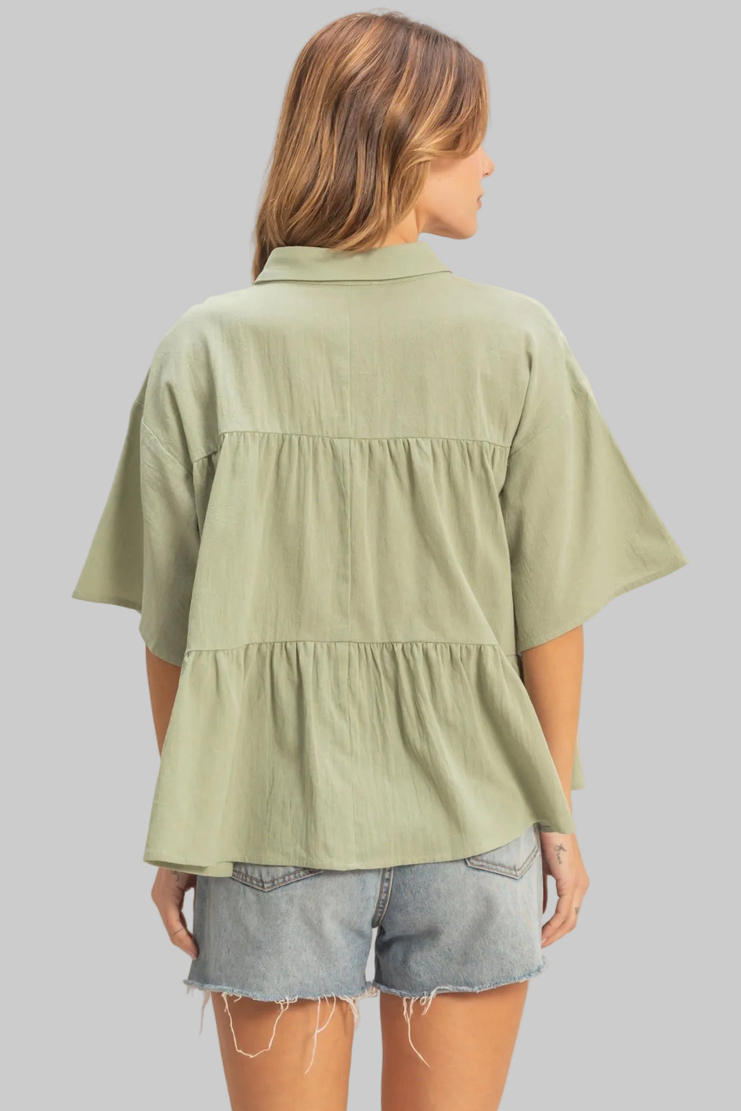 SHORT SLEEVE COLLARED BUTTON FRONT TIERED TOP - SPRING GREEN