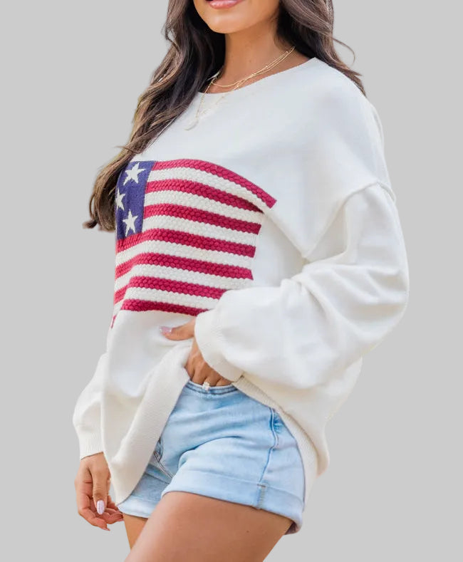 AMELIA AMERICAN FLAG CROCHET SWEATER - IVORY