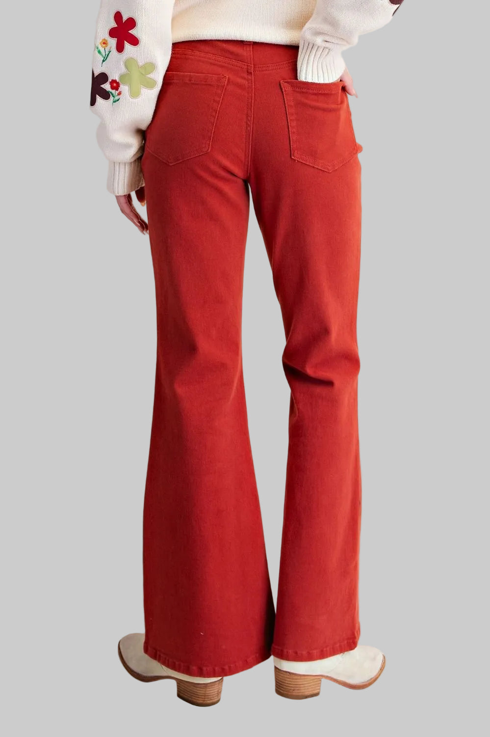 HR WASHED STRETCH TWILL BELL BOTTOM PANTS - RUST