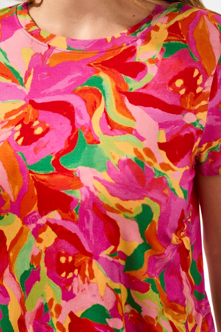 SHORT SLEEVE CREW NECK TOP W/SIDE RUCHING - PINK GLOW