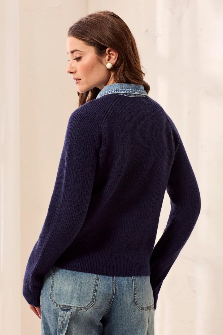 LONG SLEEVE MIXED MEDIA SWEATER JACKET WITH DENIM DETAIL - NIGHTFALL