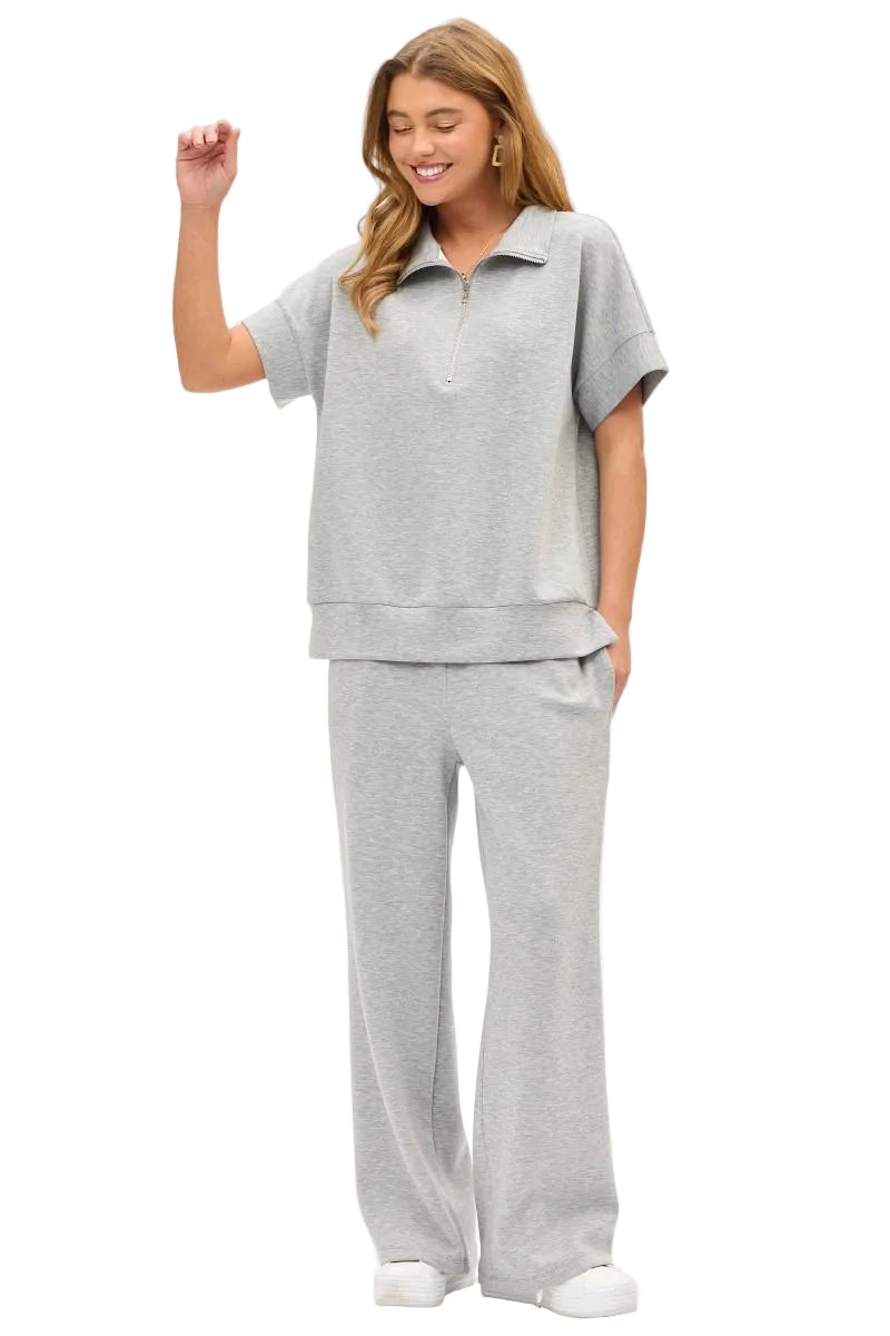 DEAR SCARLETT DOLMAN SHORT SLEEVE HALF ZIP TOP - HEATHER GREY