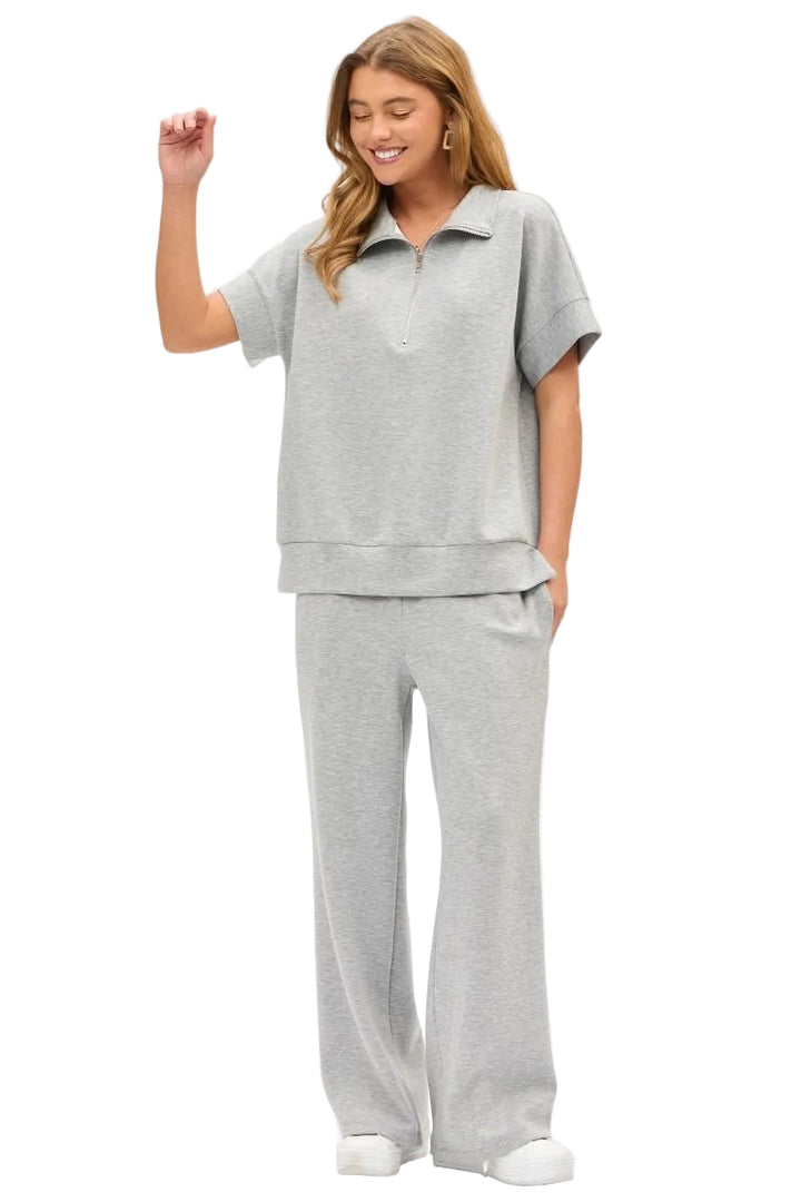 DEAR SCARLETT DOLMAN SHORT SLEEVE HALF ZIP TOP - HEATHER GREY