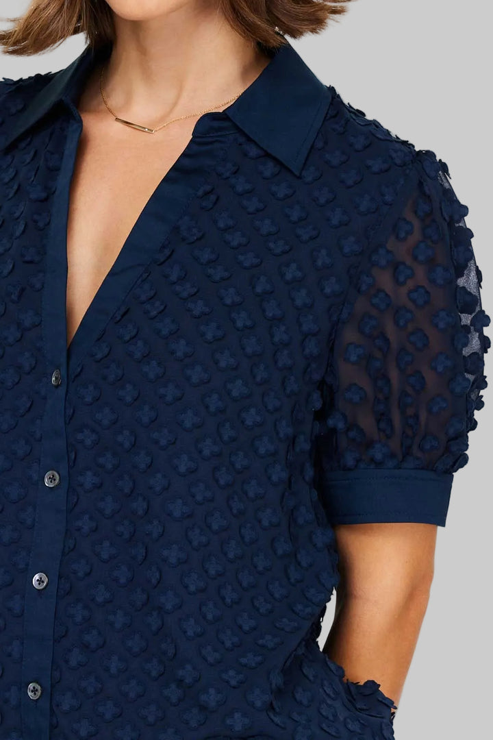 HALF SLEEVE COLLARED SPLIT NECK BUTTON DOWN BLOUSE - NAVY