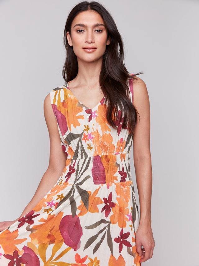 PRINTED SLEEVELESS EMPIRE WAIST DRESS - BOUQUET