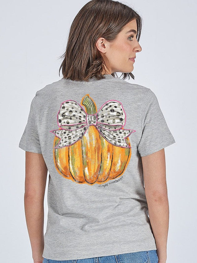 SIMPLY SOUTHERN SS BOW PUMPKIN TEE - HEATHER GREY