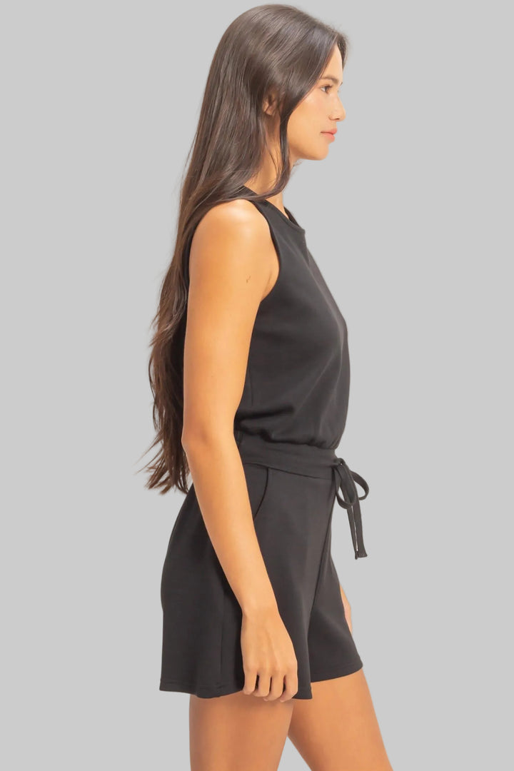 SLEEVELESS DRAWSTRING WAIST ROMPER - BLACK