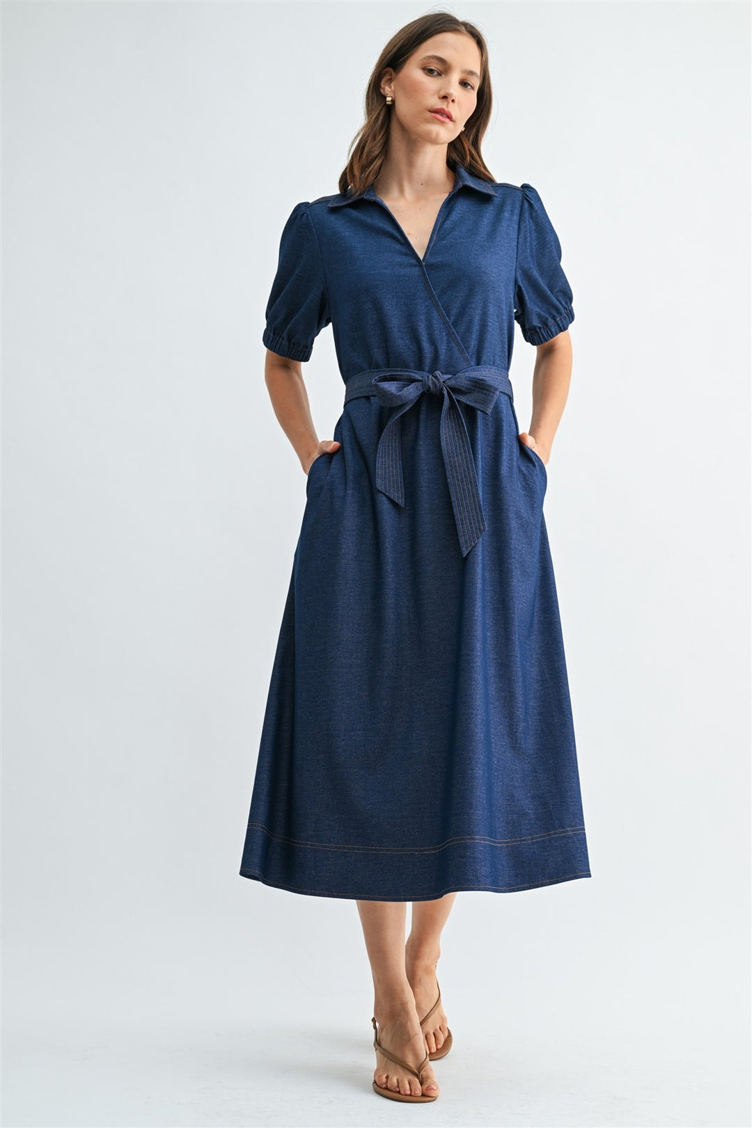 SHORT SLEEVE WRAP TIE LONG DRESS - DEEP DENIM