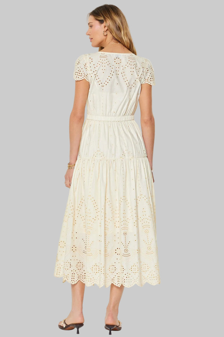 SCALLOPED CAP SLEEVE EYELET EMBROIDERED MAXI DRESS - IVORY