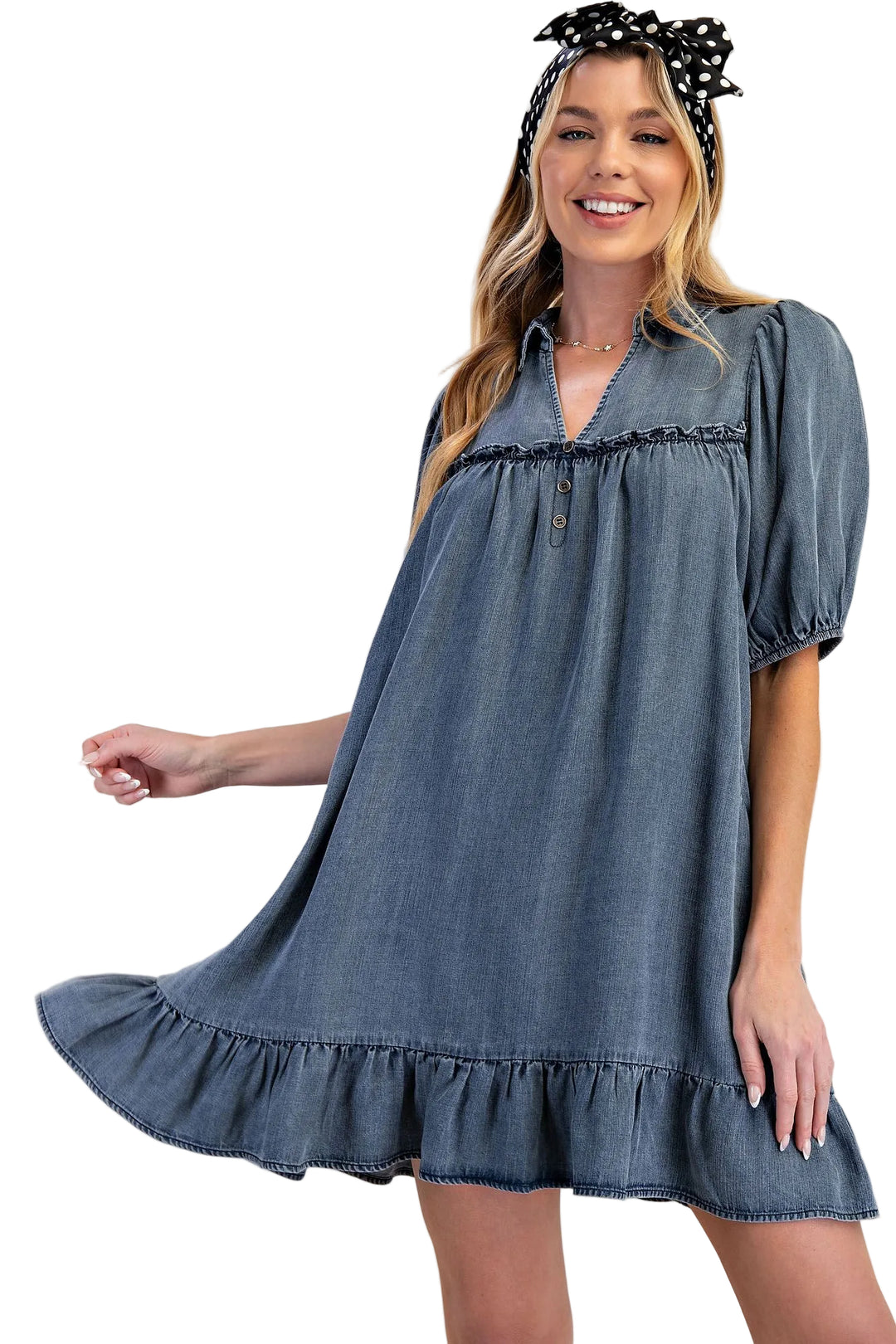 RUFFLE BOTTOM WASHED CHAMBRAY SHORT DRESS - WASHED DENIM
