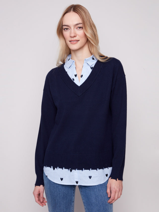 V-NECK FOOLER SWEATER W/POPLIN SHIRT COLLAR - NAVY