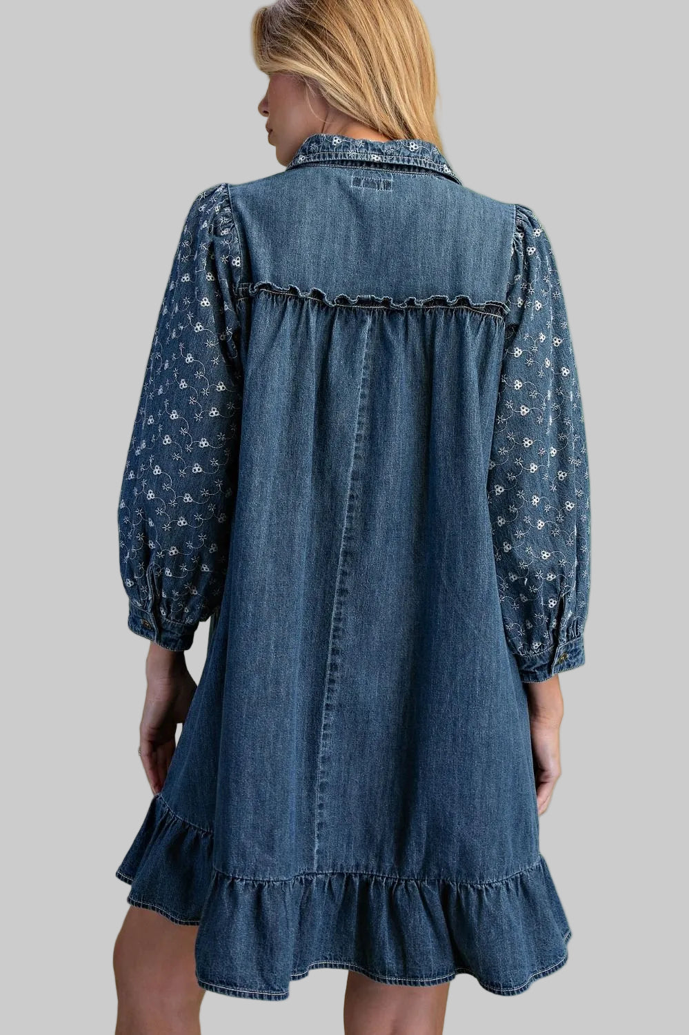 3/4 SLEEVE EMBROIDERED DENIM MIX RUFFLE HEM SHORT DRESS - WASHED DENIM