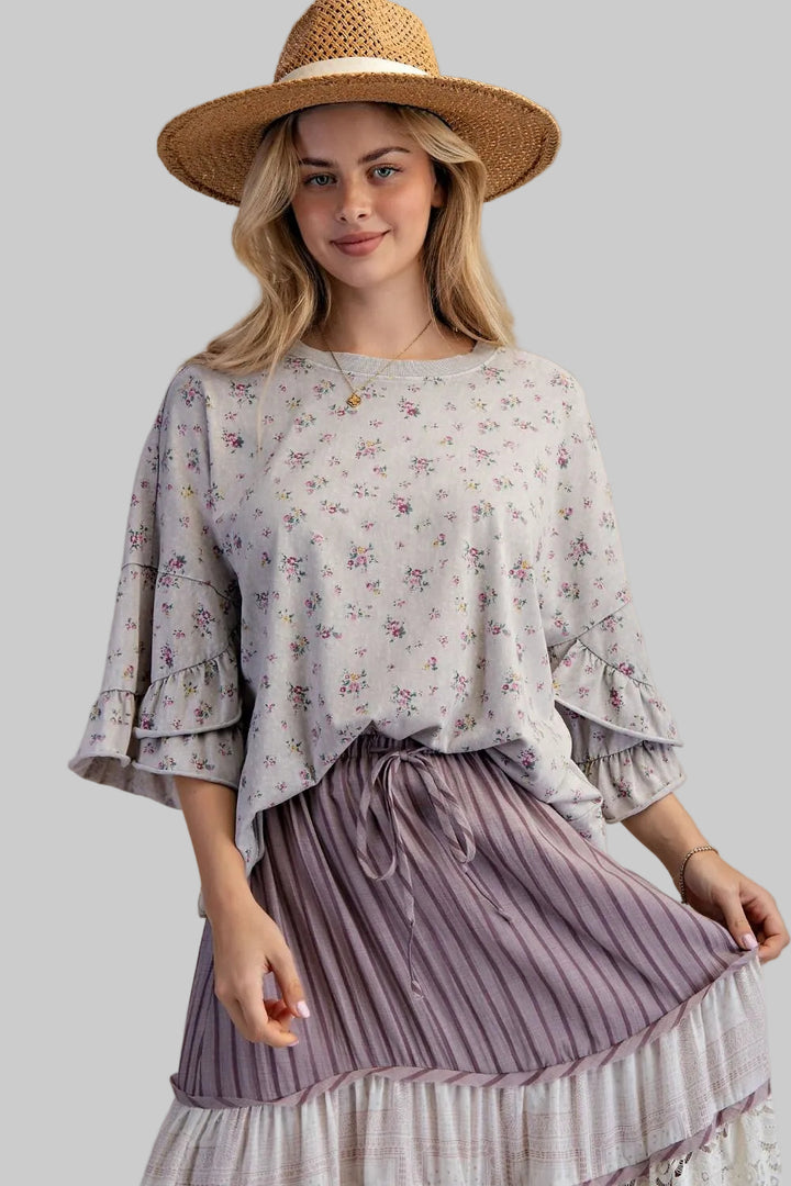 3/4 RUFFLE SLEEVE FLORAL LOOSE FIT TOP - DUSTY LILAC