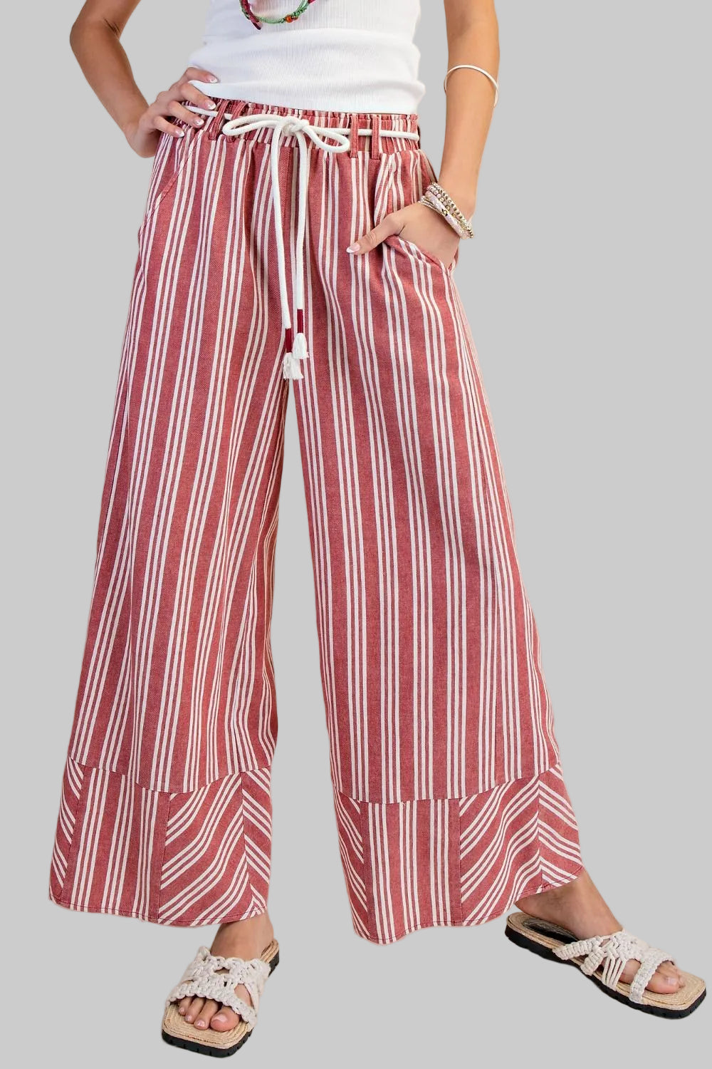 STRIPE RAYON LINEN WASHED PALAZZO PANTS - RED