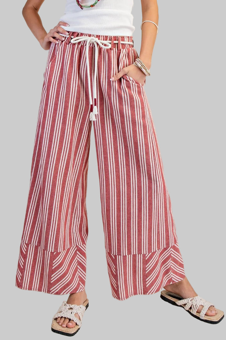 STRIPE RAYON LINEN WASHED PALAZZO PANTS - RED