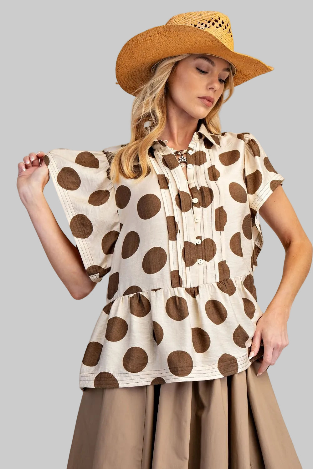 RUFFLE SLEEVE BIG DOT BABY DOLL TOP - KHAKI