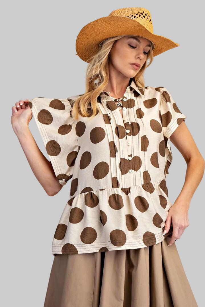 RUFFLE SLEEVE BIG DOT BABY DOLL TOP - KHAKI