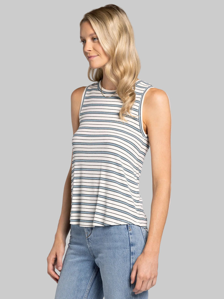 CREW NECK RIBBBED STRIPED EUCLID TANK - WHITE SKY BLUE