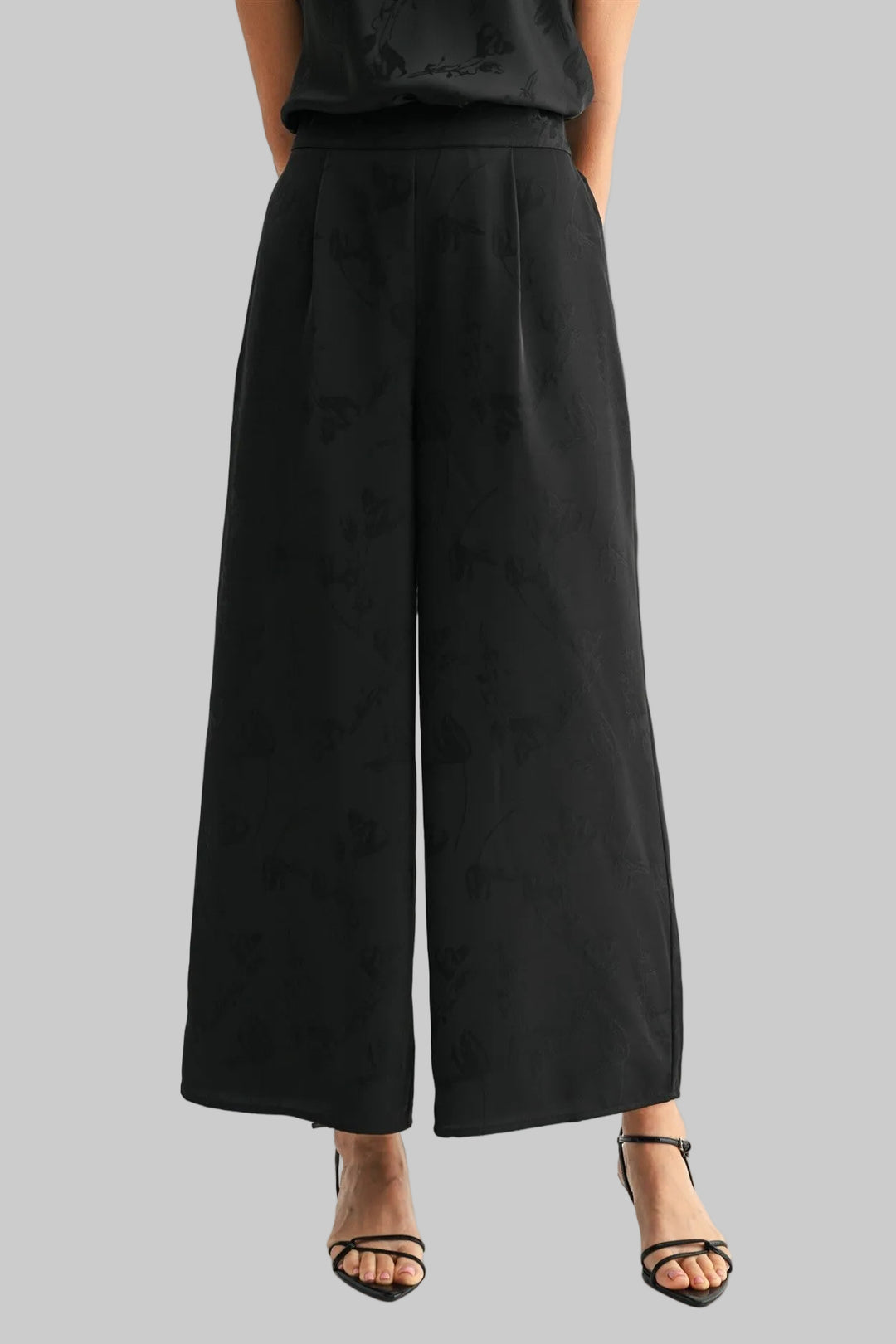 SATIN WIDE LEG JACQUARD PANTS - BLACK