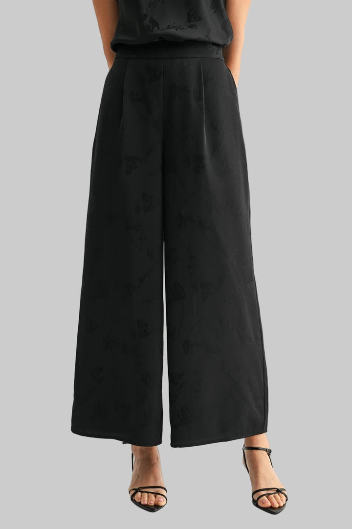 SATIN WIDE LEG JACQUARD PANTS - BLACK