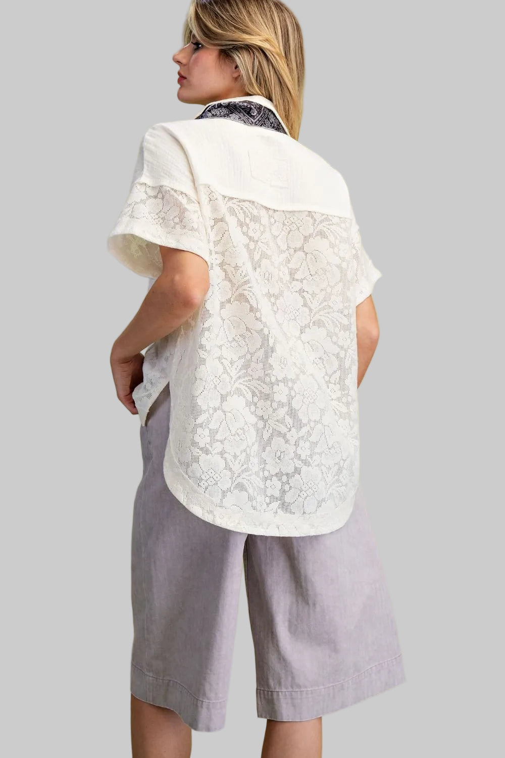 COLLARED SHORT SLEEVE LACE BLOUSE - NATURAL