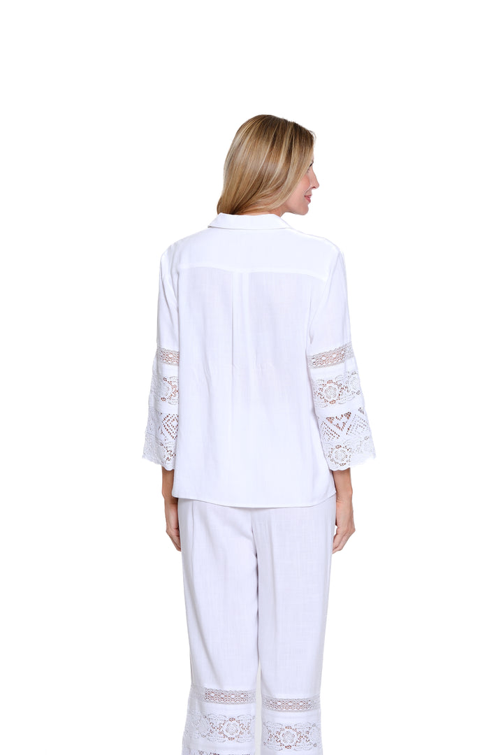 3/4 SLEEVE BUTTON FRONT SHIRT W/LACE TRIM - WHITE