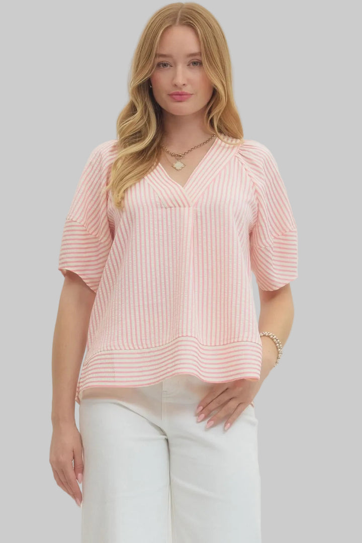 SHORT SLEEVE STRIPED WOVEN TOP - PINK
