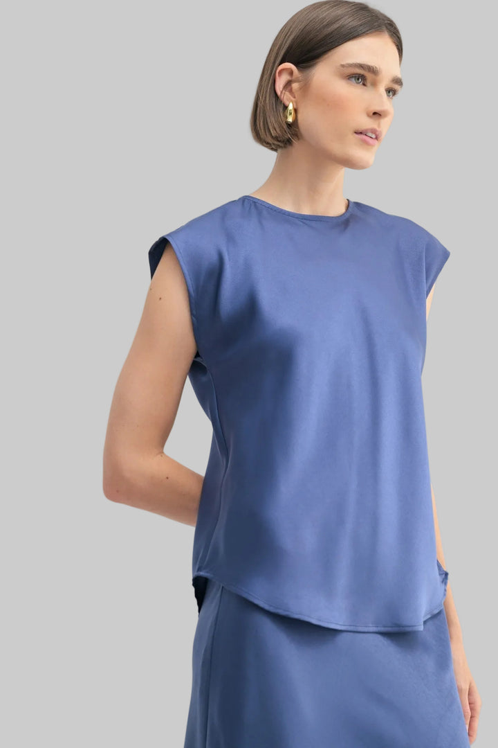SATIN DROP SHOULDER WOVEN TOP - NAVY