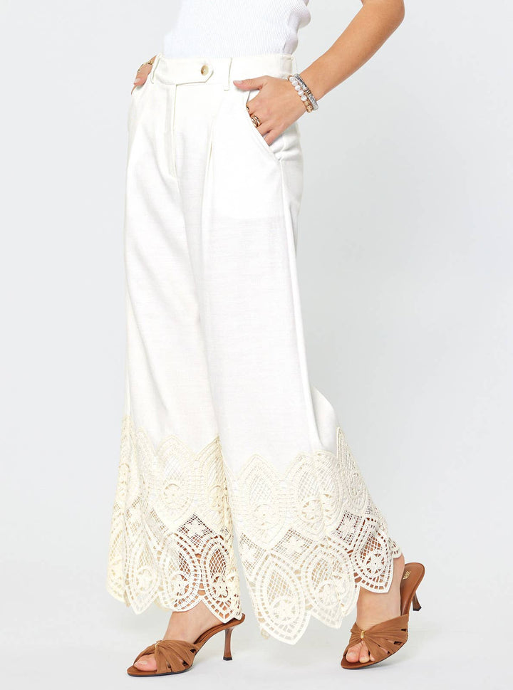HIGH WAIST CROCHET DETAIL WIDE LEG PANTS - IVORY