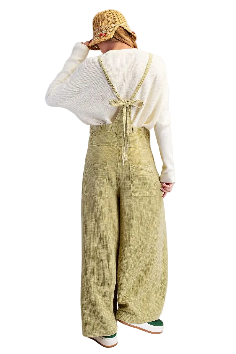 WASHED COTTON WIDE LEG JUMPSUIT - SAGE