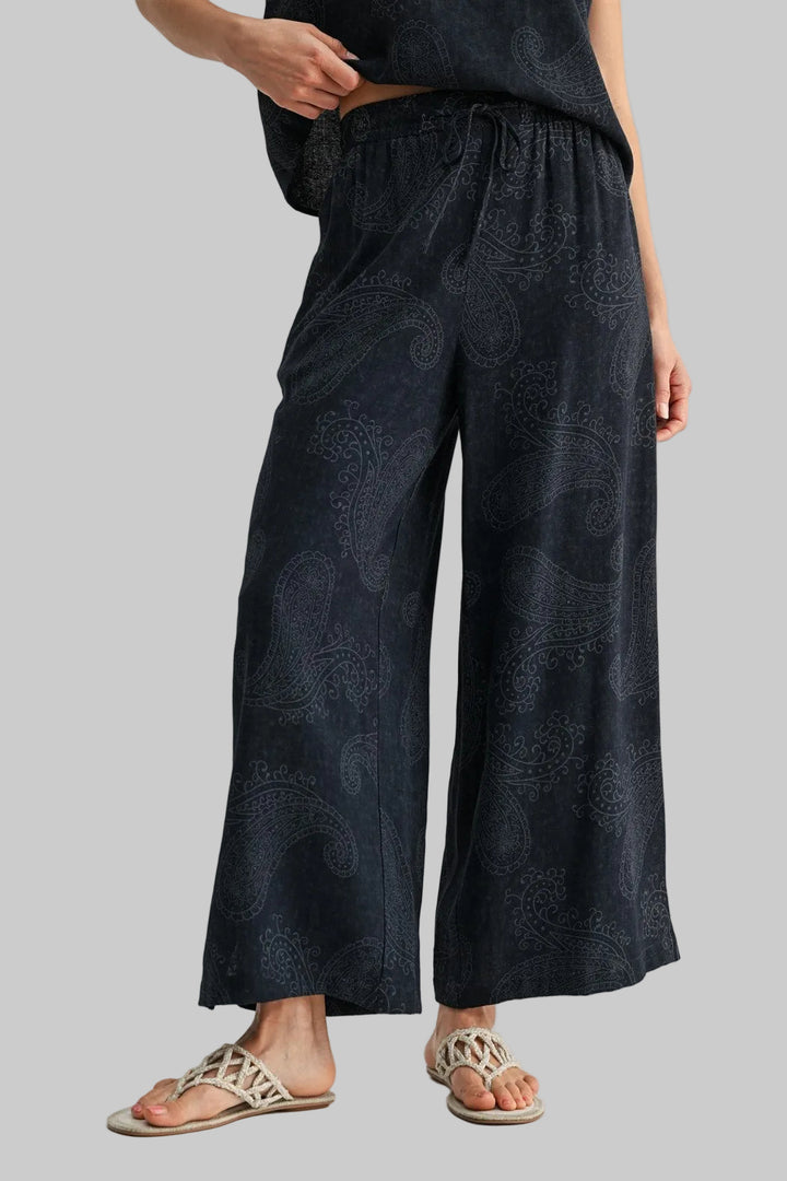 ELASTIC WAIST PAISLEY WIDE LEG PANTS - NAVY