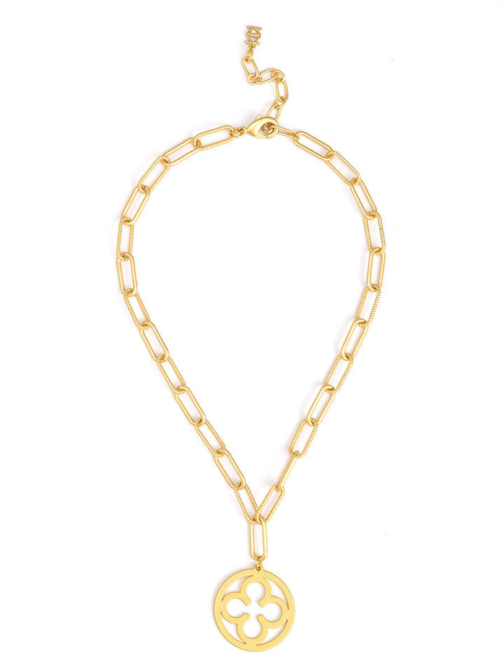 CIRCLE CLOVER PENDANT LINK NECKLACE - MATTE GOLD