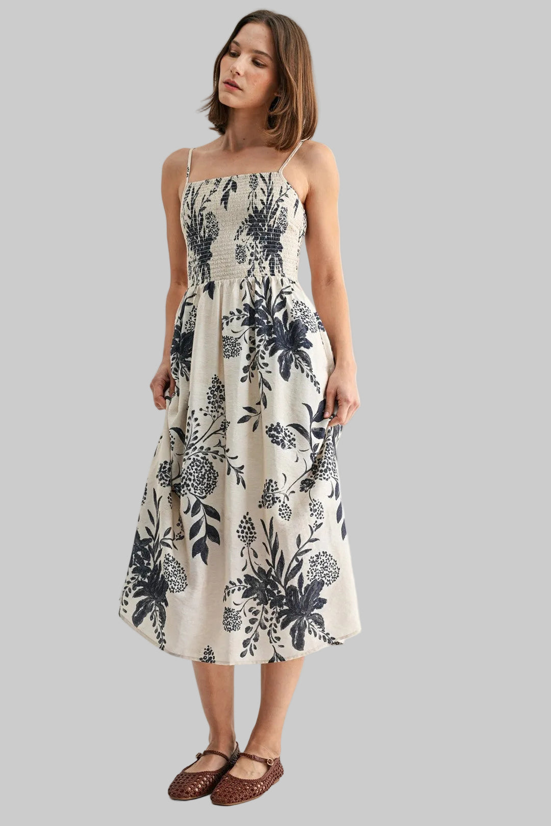 SPAGHETTI STRAP SMOCK BODICE FLORAL MIDI DRESS - IVORY/NAVY