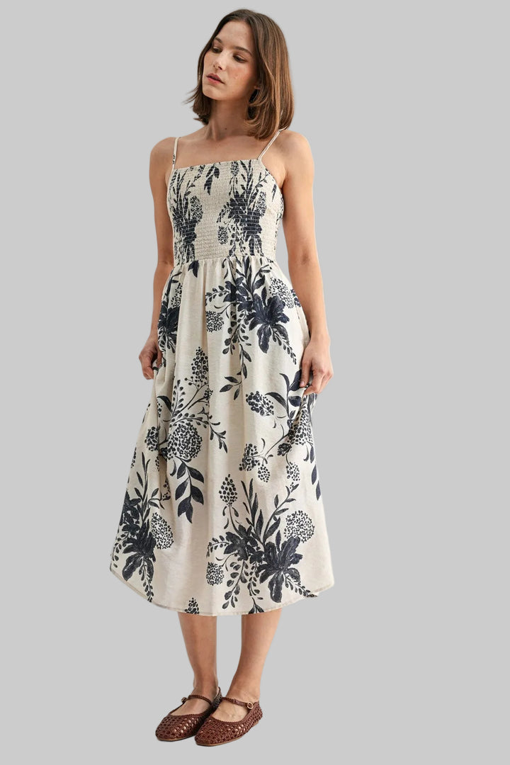 SPAGHETTI STRAP SMOCK BODICE FLORAL MIDI DRESS - IVORY/NAVY