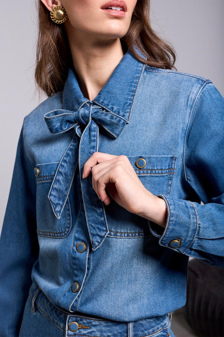 LONG SLEEVE DENIM BLOUSE WITH REMOVABLE SELF TIE - AUTHENTIC BLUE
