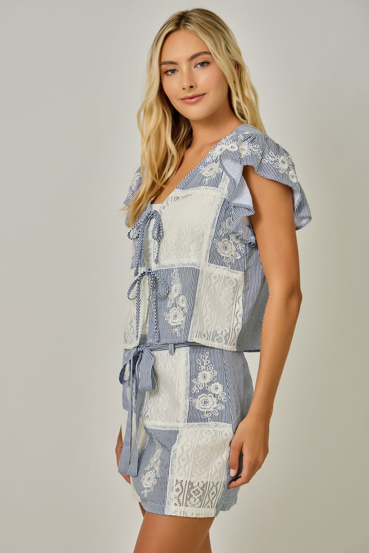 FLUTTER SLEEVE LACE/EMBROIDERED TIE FRONT CARDIGAN - NAVY