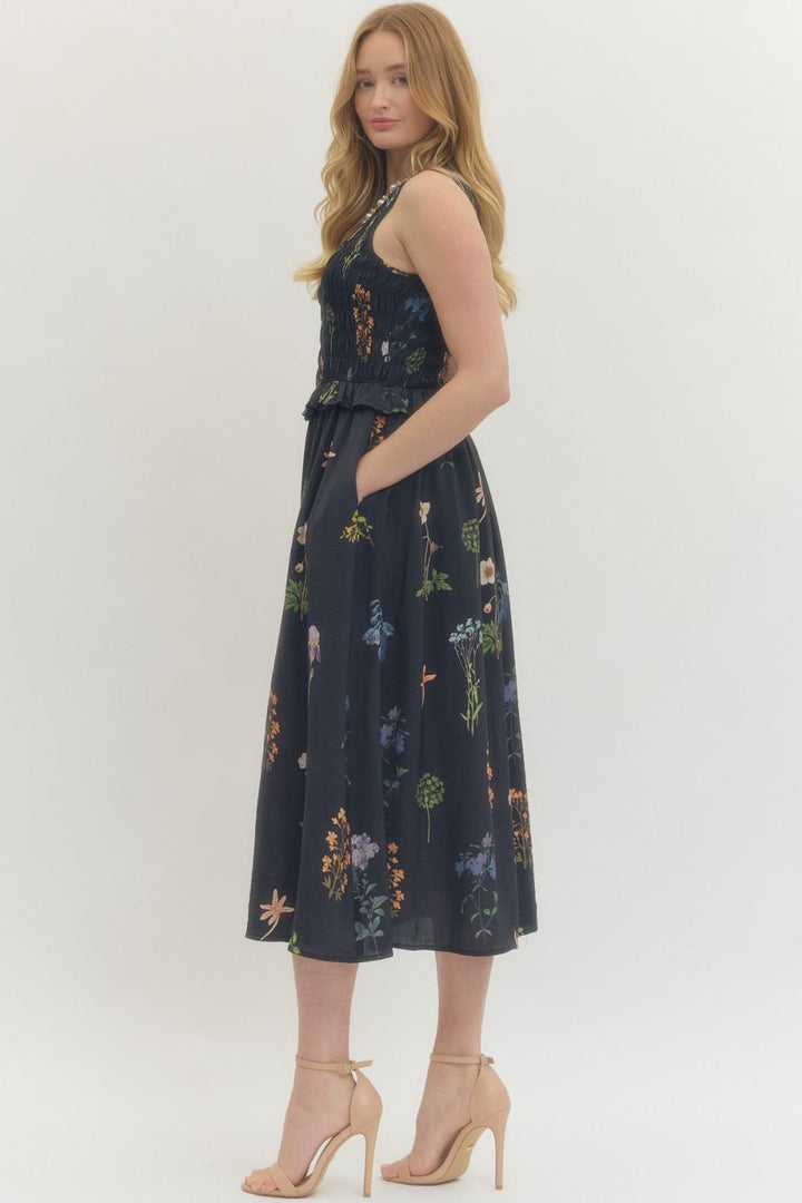 SLEEVELESS FLORAL PRINT MIDI DRESS - BLACK