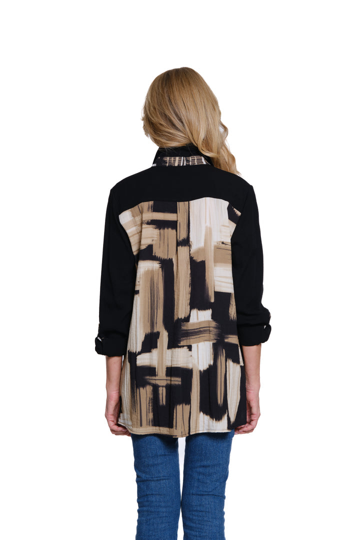 ROLL TAB L/S BUTTON FRONT HI/LO TOP - BLACK W/PRINT ACCENTS