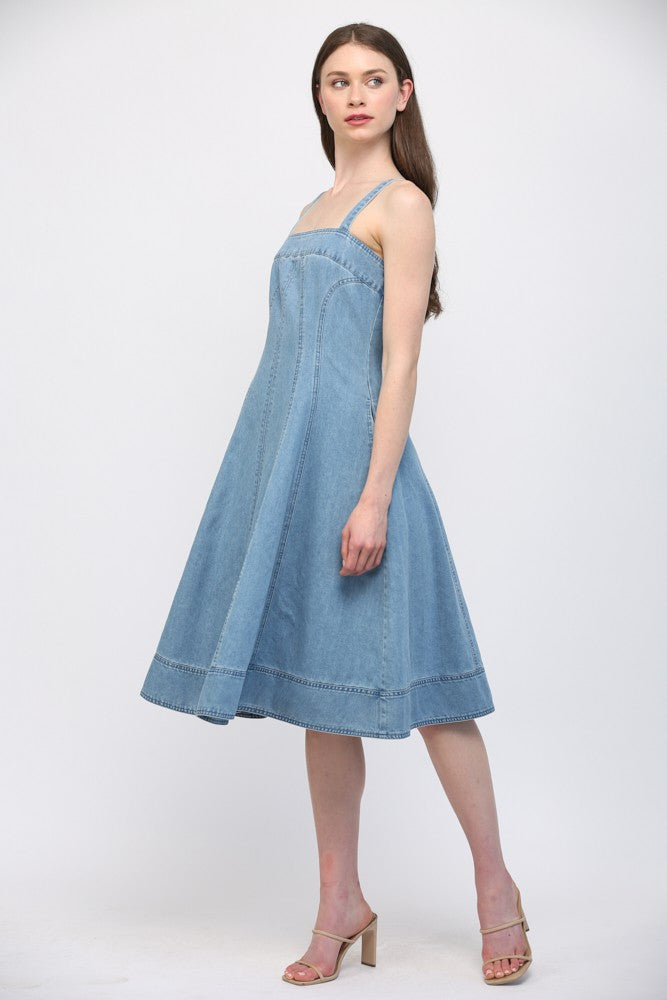 WIDE SHOULDER STRAP FIT &amp; FLARE DENIM DRESS - DENIM