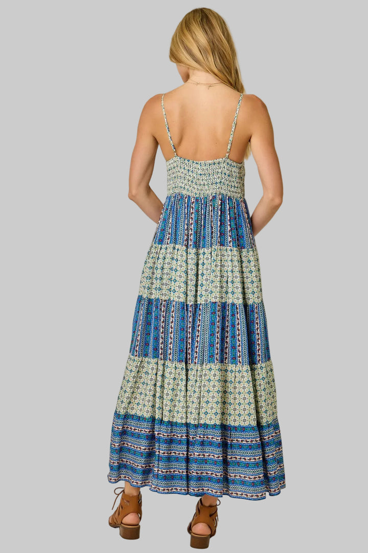 COLOR BLOCKED BOHO CHALLIS TIERED SUN DRESS - SAGE/BLUE
