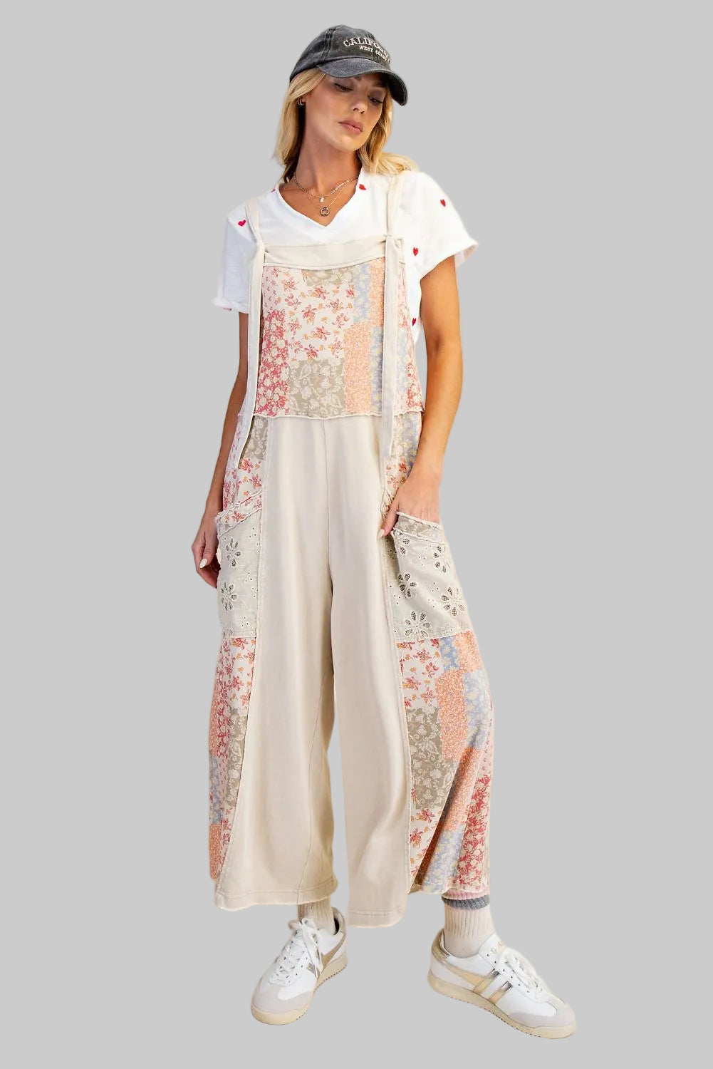 PATCHWORK PRINT MIX TERRY KNIT JUMPSUIT - ECRU