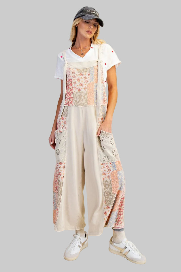 PATCHWORK PRINT MIX TERRY KNIT JUMPSUIT - ECRU