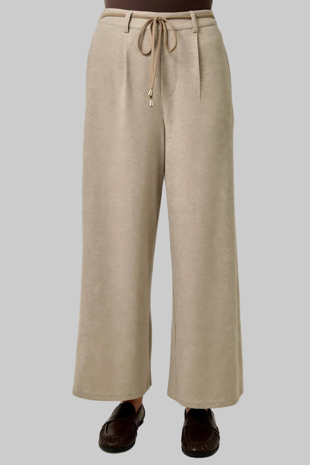 SUEDE ACCENT MELANGE WIDE LEG PANTS - STONE