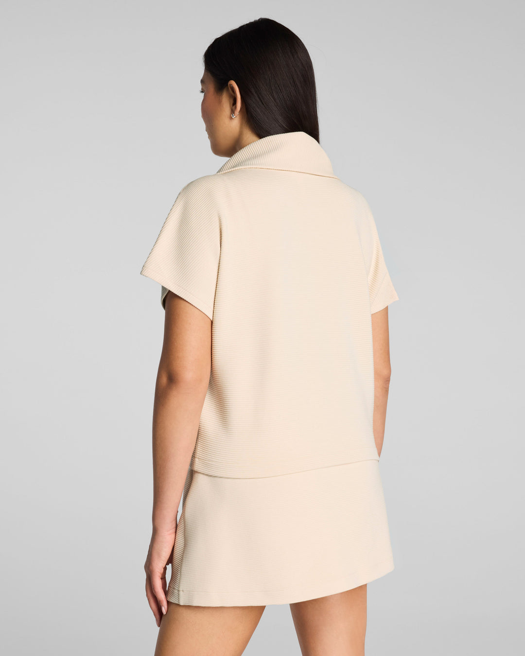 SPANX AIRESSENTIALS FRENCH RIB SHORT SLEEVE HALF ZIP - TOASTED COCONUT