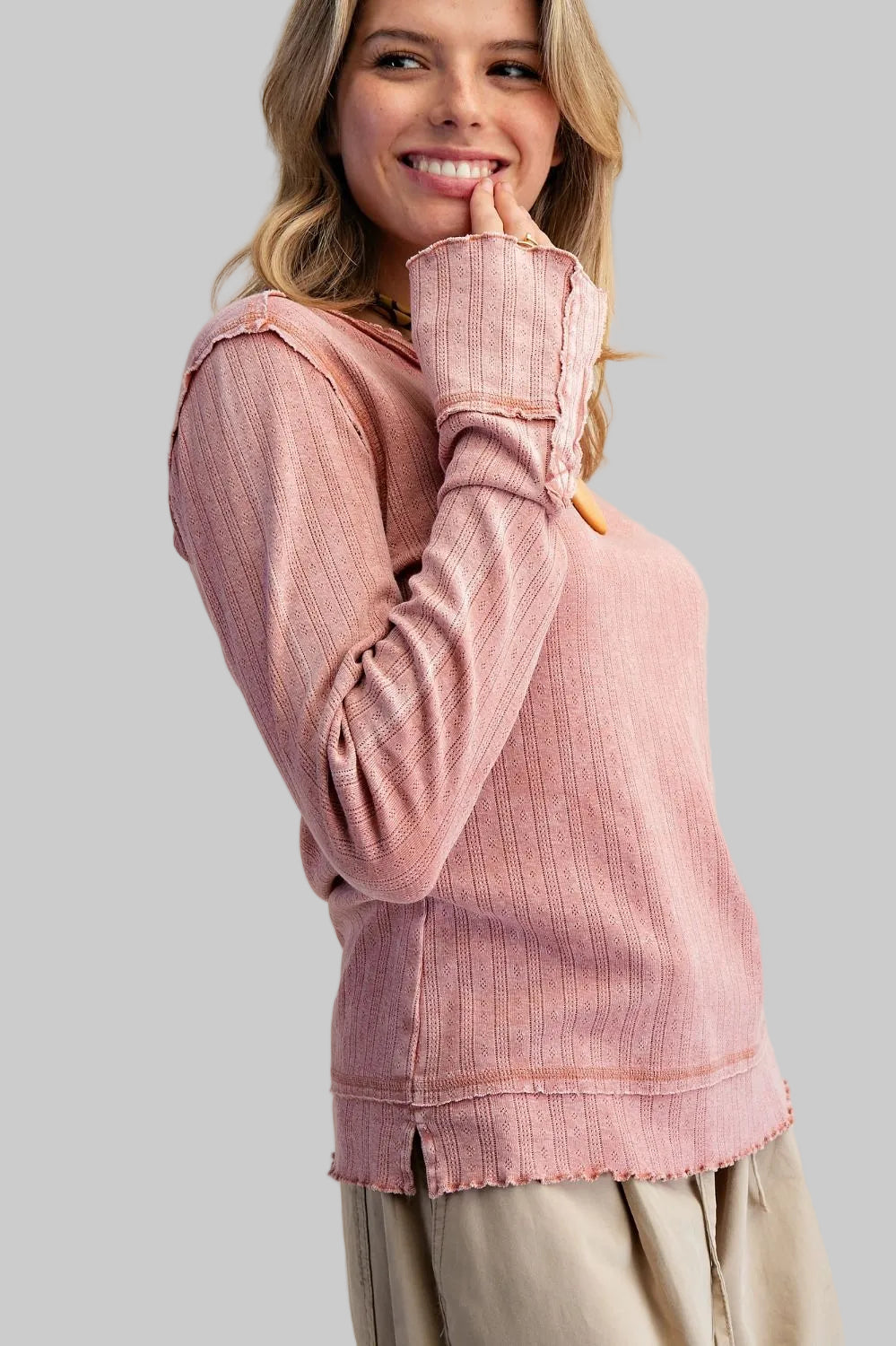 LONG SLEEVE TEXTURED MINERAL WASHED TOP - ANTIQUE ROSE