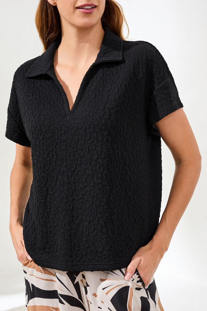 SHORT SLEEVE JOHNNY COLLAR TOP - BLACK