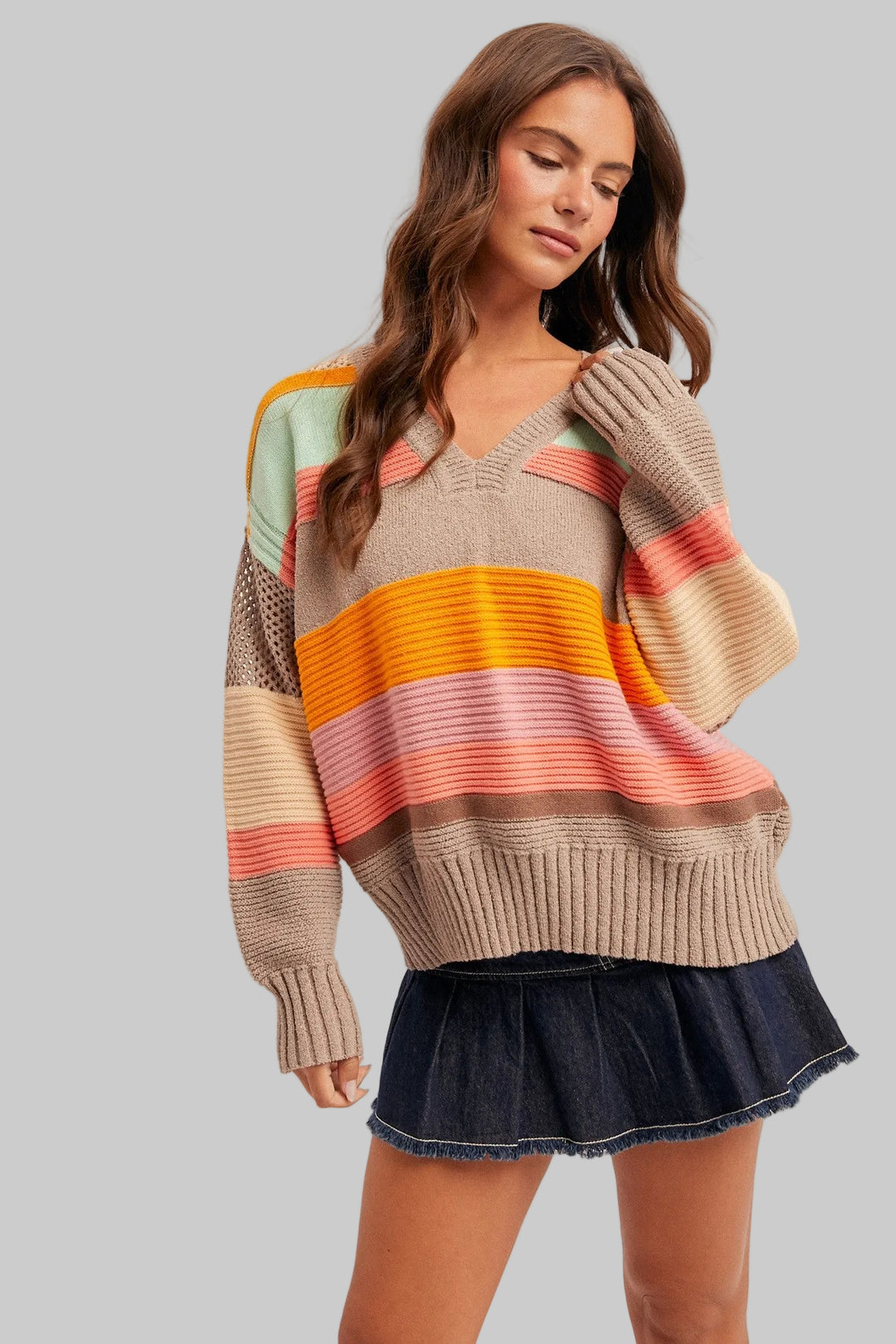 STRIPED COLOR BLOCKED SWEATER - MOCHA/MINT/CORAL