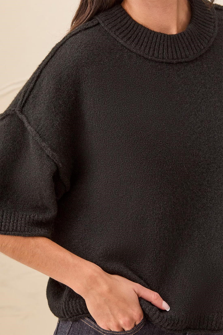 LOFTY ELBOW SLEEVE CREW NECK SWEATER - BLACK