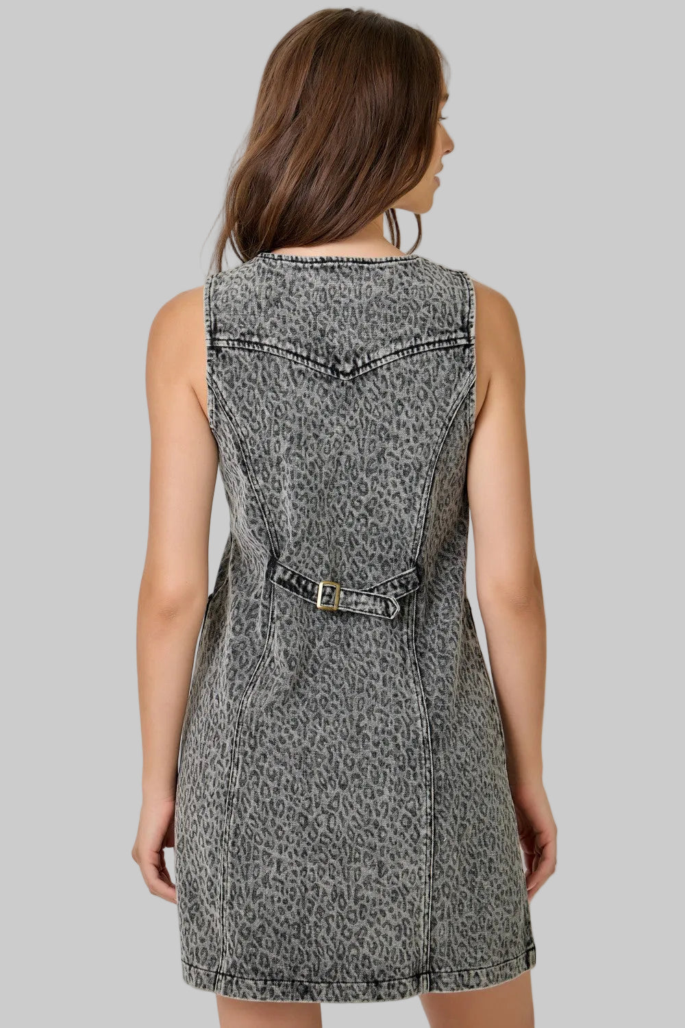 WASHED DENIM LEOPARD PRINT DRESS - COOL GREY